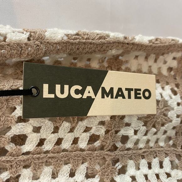 Luca Mateo Mens Granny Square Crochet Knit Shirt Size M Tan White Coastal NWT - Picture 4 of 9